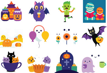 Naklejka premium Halloween cartoon icons set with bat, ghost, pumpkin, and spooky cupcake isolated on white background
