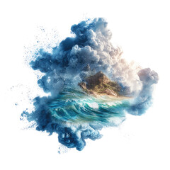 Serene island scene nestled within a dramatic, swirling cloud formation, ocean waves lapping at the shore