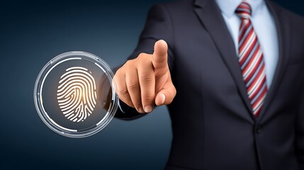 Fingerprint Scan with Business Professional Pressing Illuminated Icon on Dark Blue Background