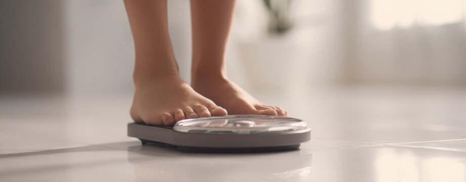 The scale measuring weight with bare feet on a clean bathroom floor. - Powered by Adobe