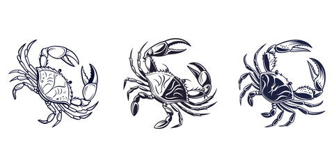 Stylized red crab illustration with raised claws, marine life vector for seafood branding, Silhouette crab sea animal black and white vector illustration, Crabs, Design Elements Detailed