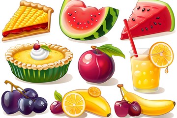 Vibrant Fruit and Dessert Collection:  Cartoon Style,  Summer Mood,  Perfect for Menu Design