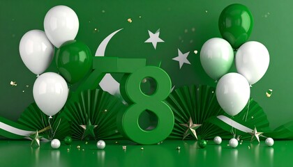 "Green and white balloons surround a bold '78' with crescent moon and star, celebrating Pakistan’s Independence Day with unity, pride, and national spirit."