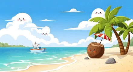 Cheerful cartoon beach scene featuring palm trees, boat, smiling cloud characters, and cute coconut