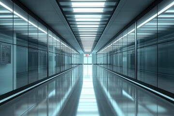 Naklejka premium Long Modern Hallway with Bright Lights and Glass Walls Reflective Floor