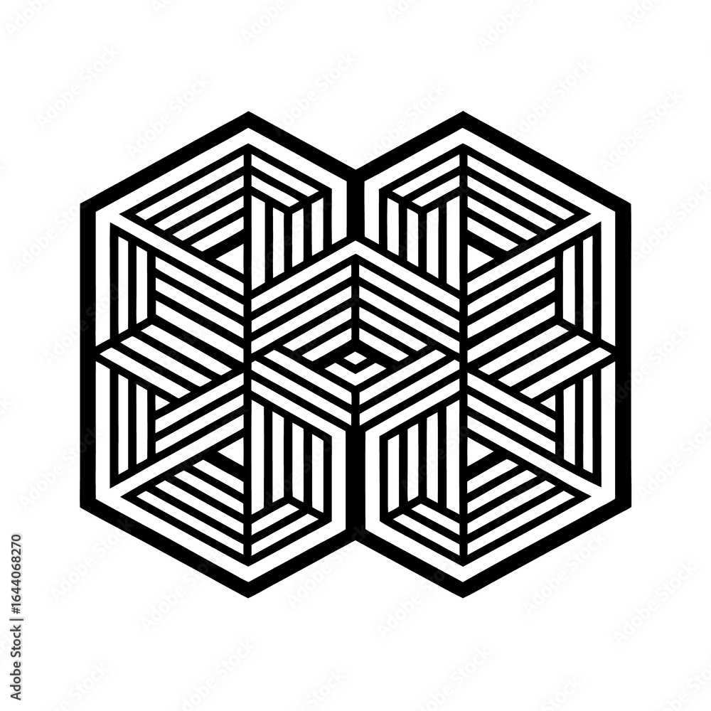 Poster a seamless, black and white geometric pattern of interlocking 3d cubes forms a digital maze
