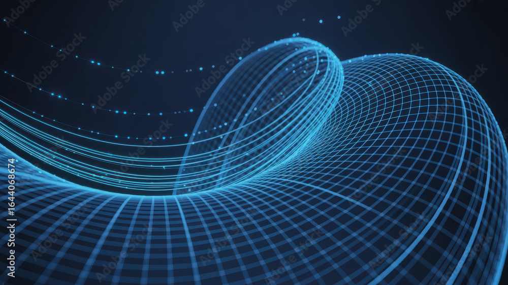 Aufkleber abstract geometric 3d wireframe mesh flowing in a digital space. the mesh is rendered with a network