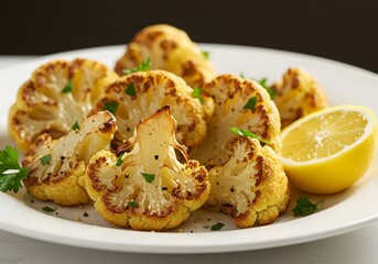 Fototapeta premium Oven-Roasted White Cauliflower, a Fresh and Healthy White Food Rich in Flavor and Texture