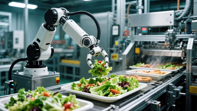 Robot Arm Assembling Fresh Salads in Food Factory