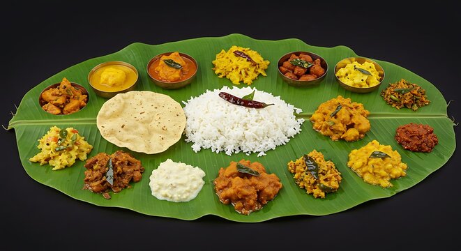 Traditional South Indian vegetarian feast, a complete meal platter known as Sadhya, served on a fresh green banana leaf with rice and curries.