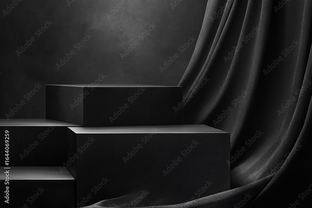 Poster minimalist black geometric block display on steps with drape texture backdrop
