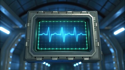 AI space medical assistant. A futuristic medical monitor displays a heartbeat waveform against a high-tech background, advanced technology in health monitoring.