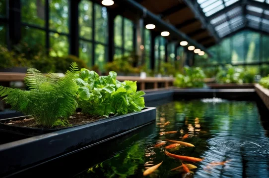 Greenhouse Aquaponics Setup for Symbiotic Fish and Plant Growth