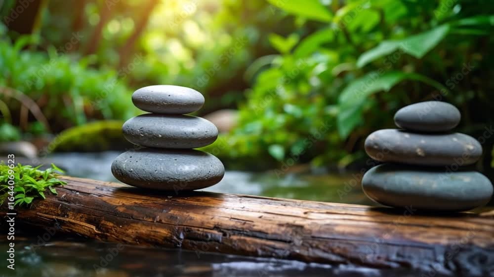 Poster balanced stones stack on log in forest stream under sunlight creating tranquil and peaceful atmosphe