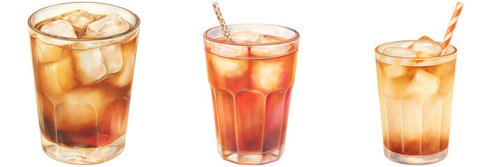 Three glasses filled with ice and a dark beverage, showcasing various sizes and styles, accompanied by a straw in the middle glass.