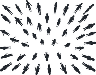 Crowd of people silhouettes in radial formation, diverse human figures vector, top view concept, community, society, connection, social network
