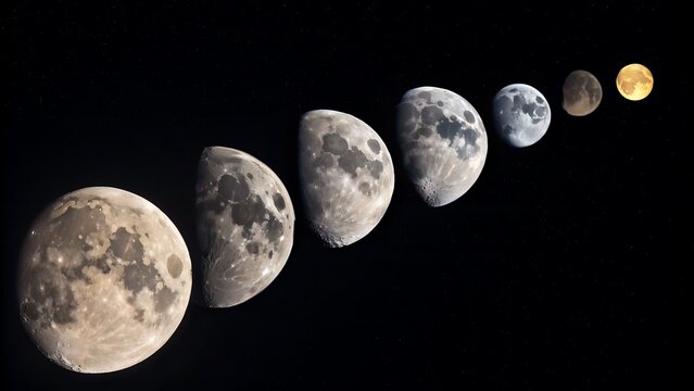 Lunar Progression: Sequential Phases of the Celestial Body Displaying Full Illumination Reduction Over Time Against a Starry Backdrop.