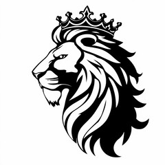 A black and white illustration of a lion head wearing a crown on a white background