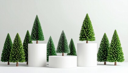Miniature green Christmas trees on white cylindrical platforms with wooden bases, arranged by height.