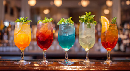 Five colorful cocktails with mint and fruit garnishes on a bar drink beverage