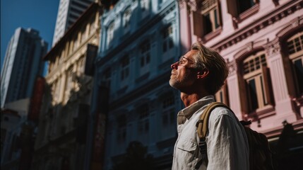 Naklejka premium A middle-aged Caucasian man with gray hair looks up at colorful buildings in a city. The scene captures urban architecture and sunlight.