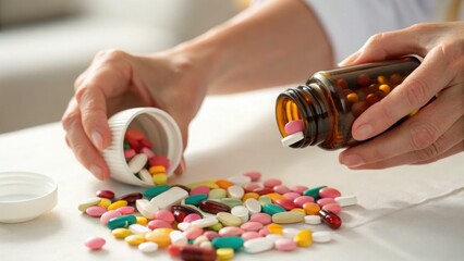 Pills spilling woman pours colorful medicine tablets from bottle health and daily dosage bright