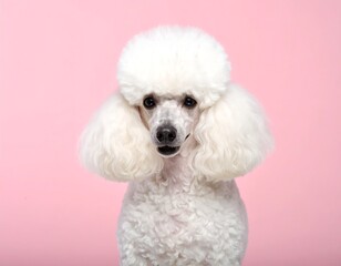 White poodle portrait against pink