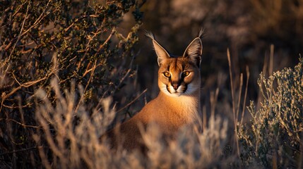 Caracal cat in a dry shrubland ears perked and intense golden light illuminating the scene
