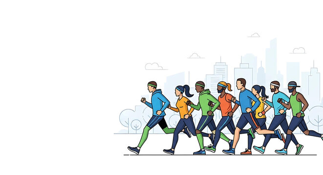Diverse group of runners participating in a marathon in a cityscape urban environment promoting health and wellness through physical activity and community engagement