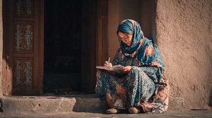 A young Middle Eastern woman sits on a stone step, writing in a notebook. She wears a colorful floral dress and a blue headscarf. The background features a rustic wall and wooden door.