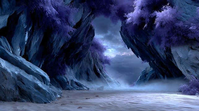 Purple trees frame misty beach cave entrance, fantasy scene