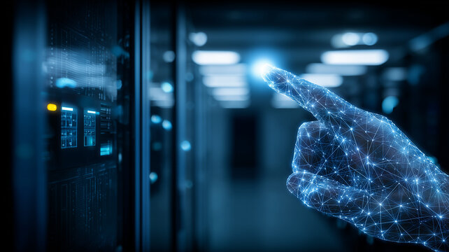Networked Digital Hand touching a server cabinet interface.
Signals human in the loop operations, secure control, and intelligent infrastructure management.