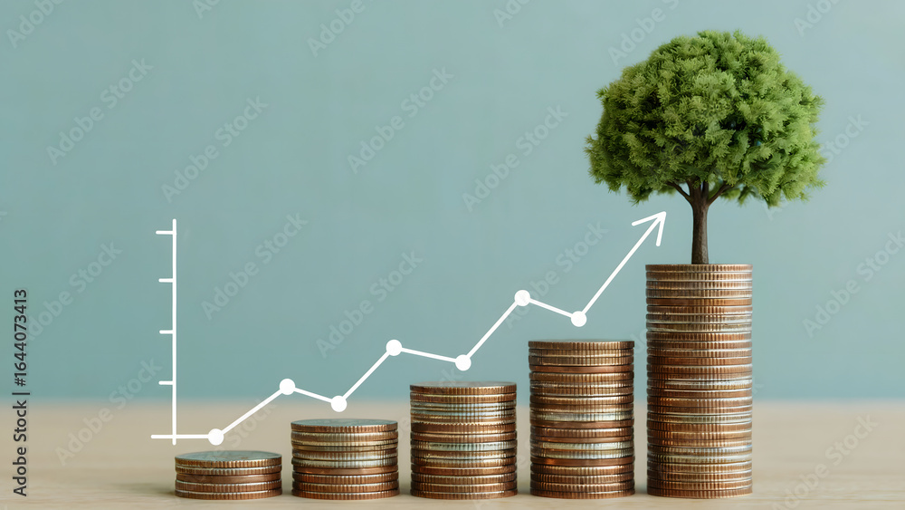 Poster a tree grows from a stack of coins with a rising graph, symbolizing financial growth and investment.
