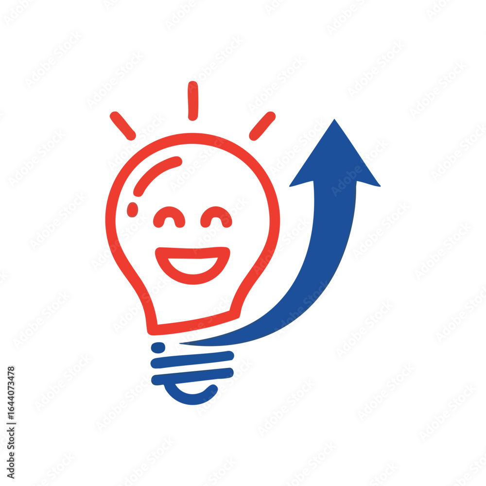 Poster happy idea progress icon. this cheerful lightbulb image with an ascending arrow symbolizes innovativ