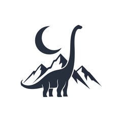 Dinosaur Mountain Moon Silhouette. Majestic ancient beast stands before peaks and a celestial crescent. Evokes a sense of primal wonder, tranquility, and untamed nature. © Lull