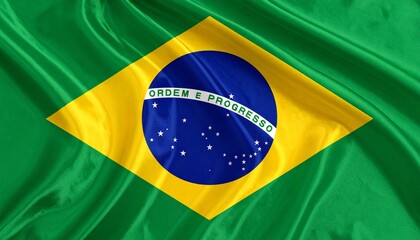 Flag of Brazil with green field, yellow diamond, blue globe, white stars, and “Ordem e Progresso” banner.