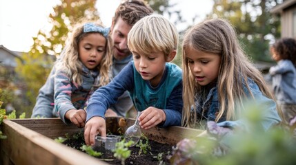 A group of children and an adult engage in gardening activities. They are planting seeds in a wooden garden box surrounded by greenery.