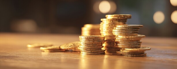 The golden coins stacked on a wooden surface representing wealth and prosperity.