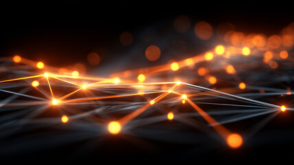 Glowing Network of Connected Nodes across soft focus links
depicting data routing performance and the energy of a high speed mesh.