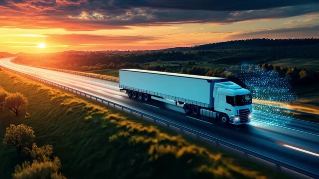 Truck driving on the highway at sunset, representing transportation and logistics 4k