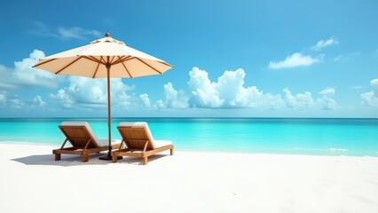 Fototapeta premium Beach view with two lounge chairs and an umbrella