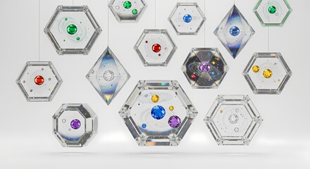 Abstract Geometric Crystal Containers with Colorful Spheres on White Background