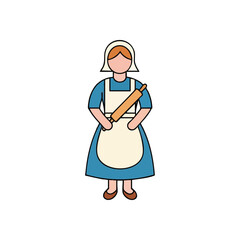 Traditional Baker Icon. Stylized woman in a classic apron and bonnet, holding a wooden pastry roller. This charming design evokes warmth, domesticity, and culinary traditions.