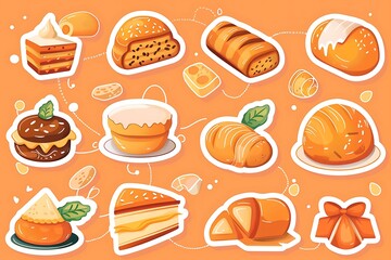 Cute Orange-Toned Bakery Goods:  Whimsical Cartoon Style, Sweet and Delightful Treats