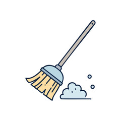 Household Broom Sweeping Dirt Pile. Simple flat vector illustration of a cleaning tool pushing away dust. Represents tidiness, chores, and maintaining a neat home environment.