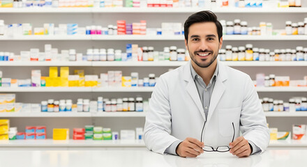 Photo of smiling pharmacist at pharmacy with shelves of medicine
