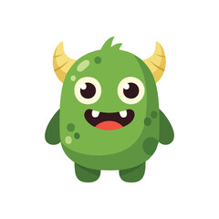 Cute Green Cartoon Monster Character. This adorable emerald creature with playful horns and a wide grin brings joy. Ideal for children's designs, apps, or game elements.