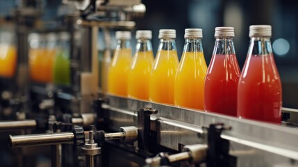 Focused medium shot of juice bottles entering a coldpasteurizing chamber highlighting the precise machinery interface while surrounding components fade softly out of focus.