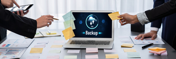 Analyst team use sticky note for creative and analytic brainstorm for business idea with BI data...