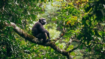 Chimpanzee sitting on a tree branch in a lush rainforest curiously observing its surroundings